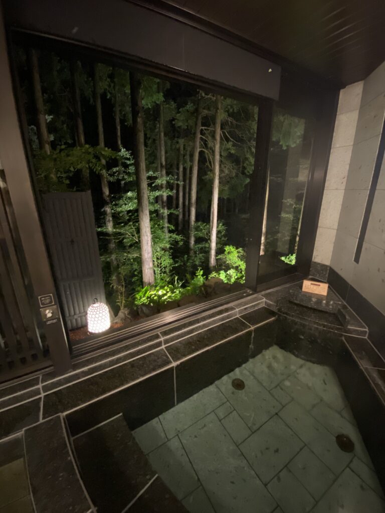 貸切風呂〜風〜の湯船から見えるライトアップしたお庭