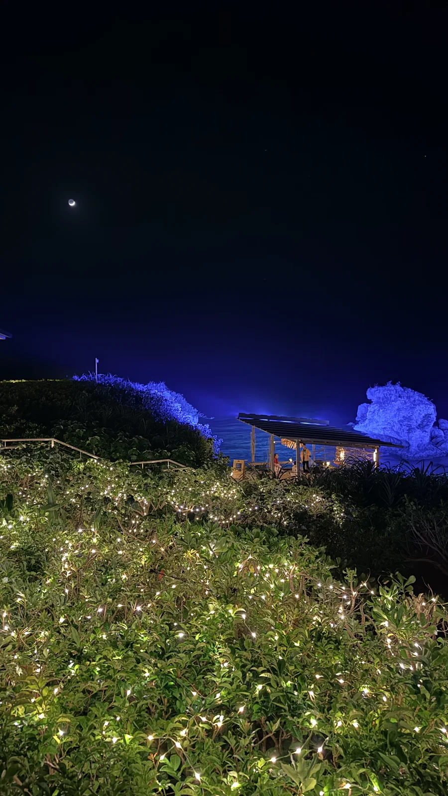 夜の海辺のカフェ、イルミネーションが灯る風景