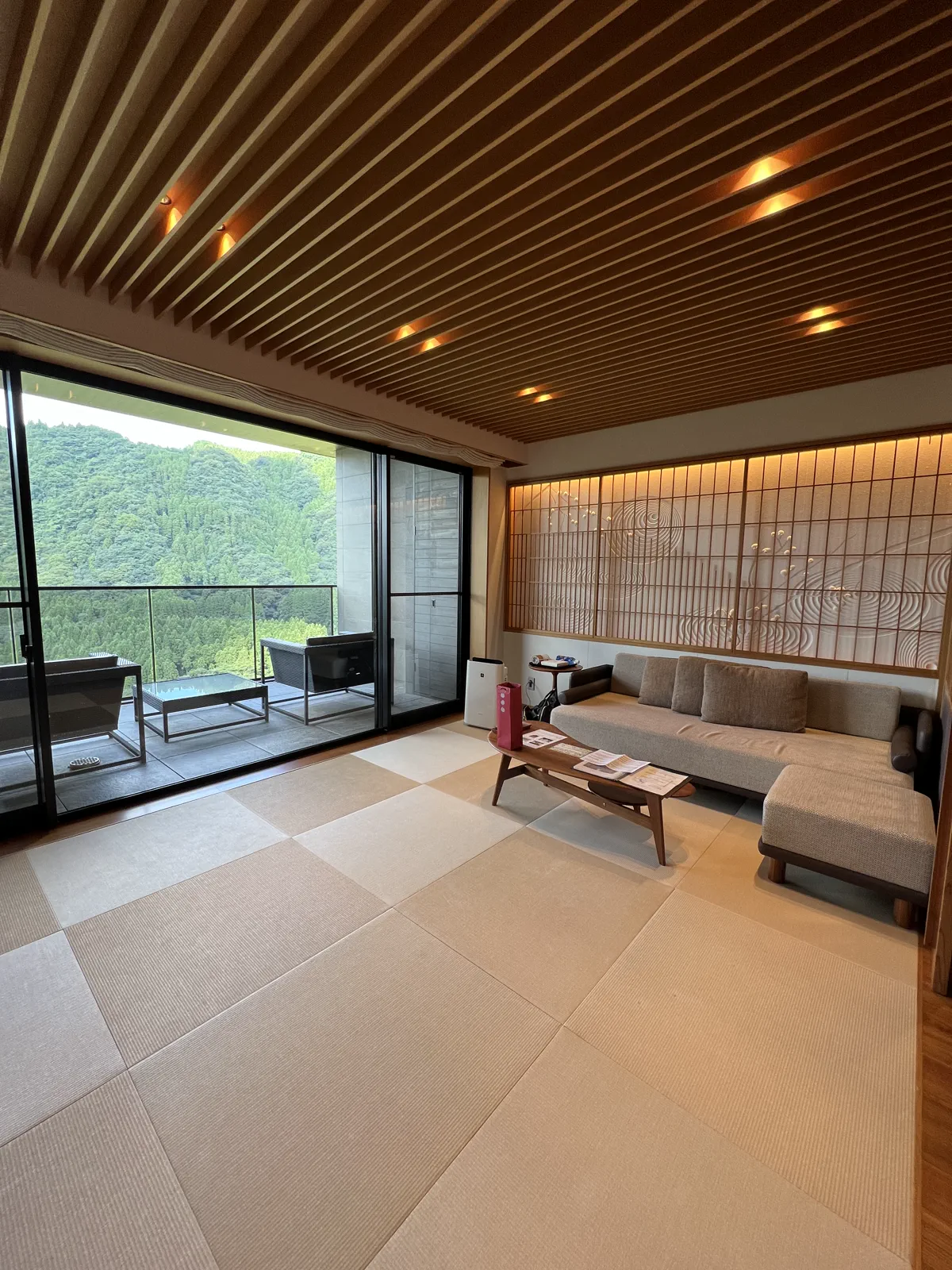 広々とした客室。畳敷きで、窓からは緑豊かな山々が見える