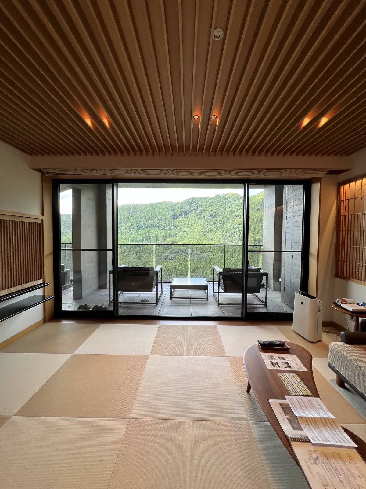和モダンな客室、大きな窓から見える緑豊かな山々の景色