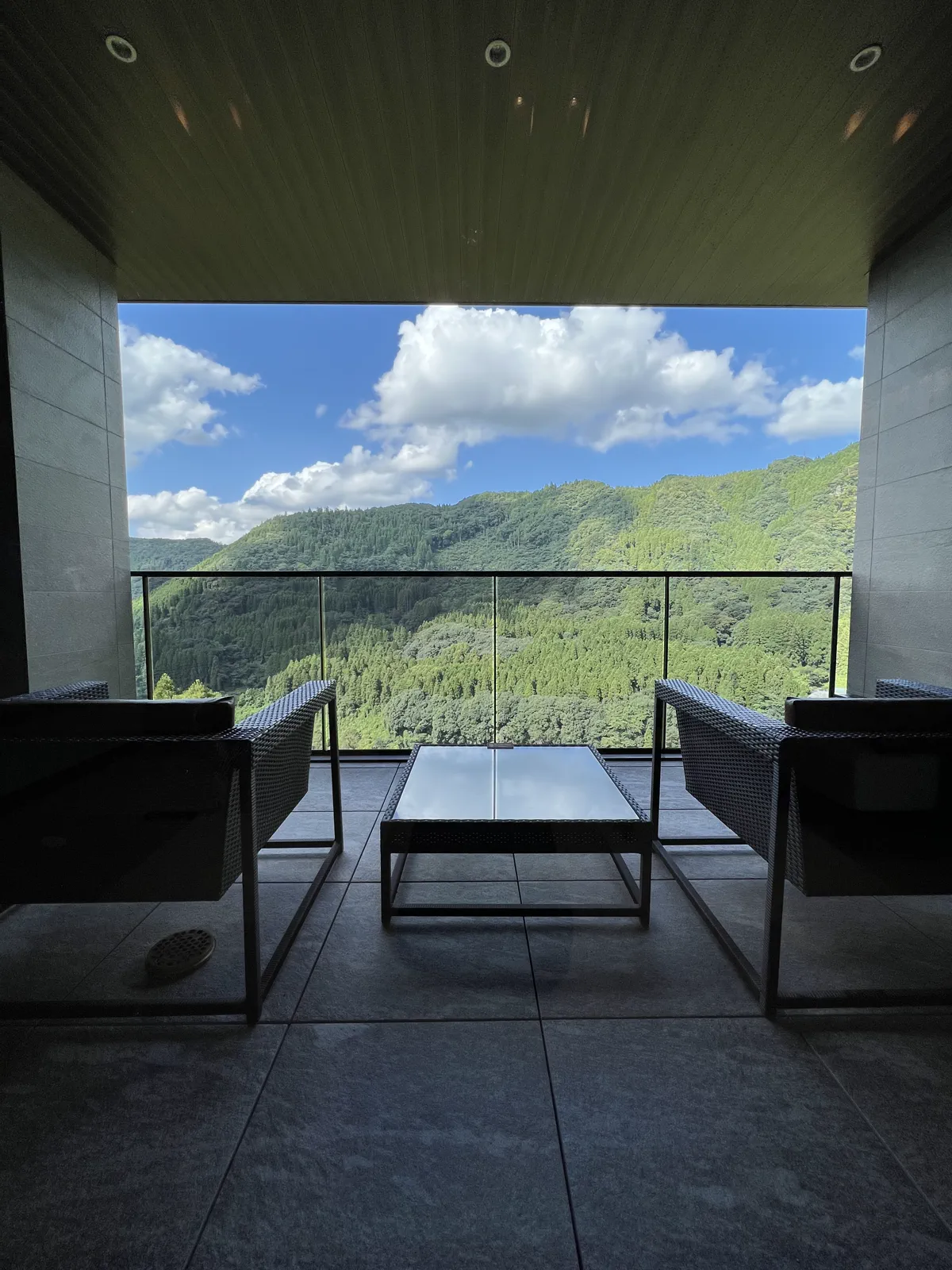 テラスにある椅子とテーブル、緑豊かな山々を望む