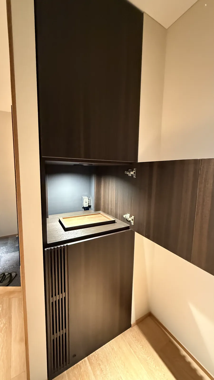 部屋の収納スペース。棚が開いており、トレーが見える。